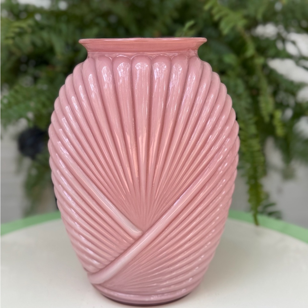 Vintage Anchor Hocking Art Deco Style Rose Blush Pink Large Fan Vase Decor Glass